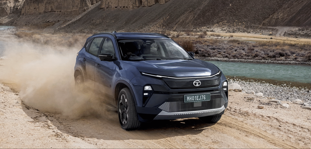 “Tata Harrier EV 2025 full exterior view with modern LED lights and sleek SUV design.”